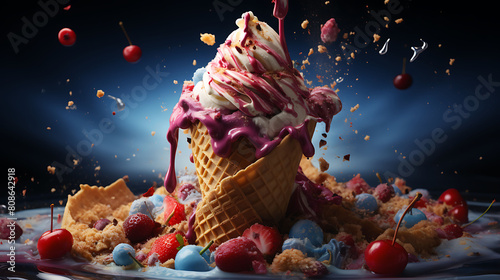 Freeze the moment when a scoop of ice cream is about to meet a crispy waffle cone. Highlight the swirls and colors. photo