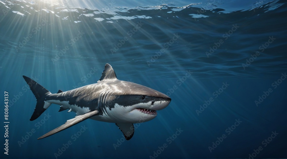 Fototapeta premium A great white shark in blue sea, digital art . 