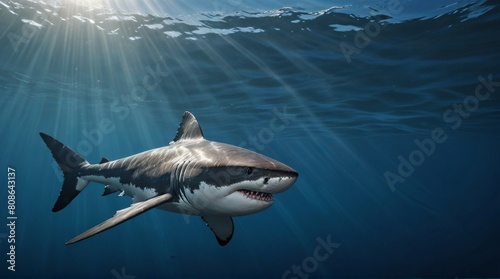 A great white shark in blue sea, digital art . 