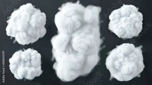 3D modern illustration of cotton wool, clouds or wadding balls isolated on transparent background. Smooth soft pieces of white fluffy material, pure fiber close up design elements.