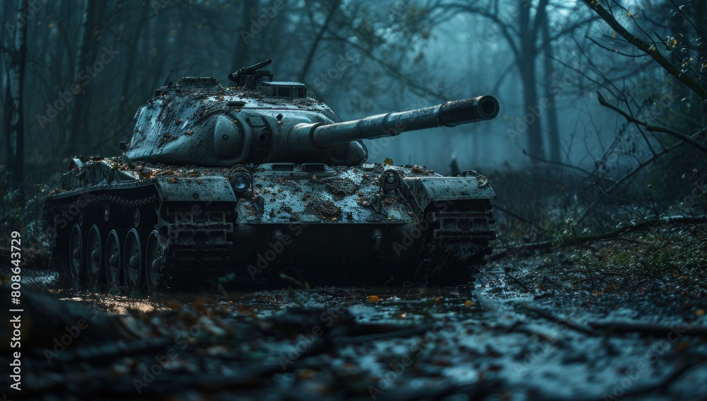 Fototapeta premium Play with light and shadow to add depth and dimension to the image, enhancing the tank's presence on camera.