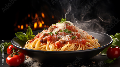 Photograph a bowl of steaming spaghetti with marinara sauce and grated Parmesan. Capture the steam rising.