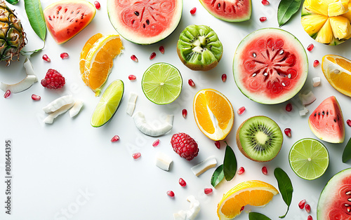 A flat lay with various fruit and berries watermelon peach mint plum apricots blueberry currant on a solid colorfull background, banner design