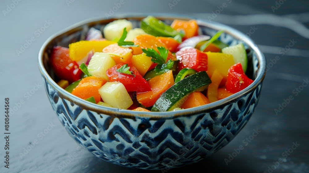 Steamed colorful vegetable medley, crisp and delicious, served in a modern geometric bowl, clean background, enhanced studio lighting