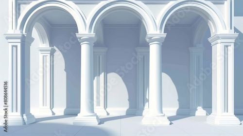 Modern illustration of arches with columns in a wall, interior gates with white pillars in a palace corridor, archway frames, portal entrances, antique doorways with shadows inside, 3D illustration.