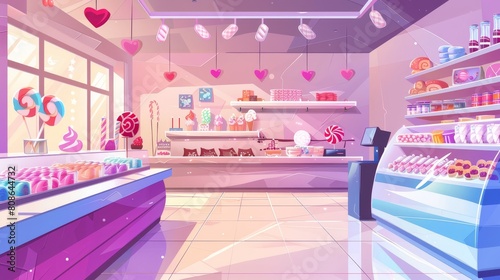 The store interior of a candy shop is a cartoon modern illustration with a variety of pastry, a cashier desk, shelves and tables with candy, candycanes and lollipops for sale, and glass tubes with photo