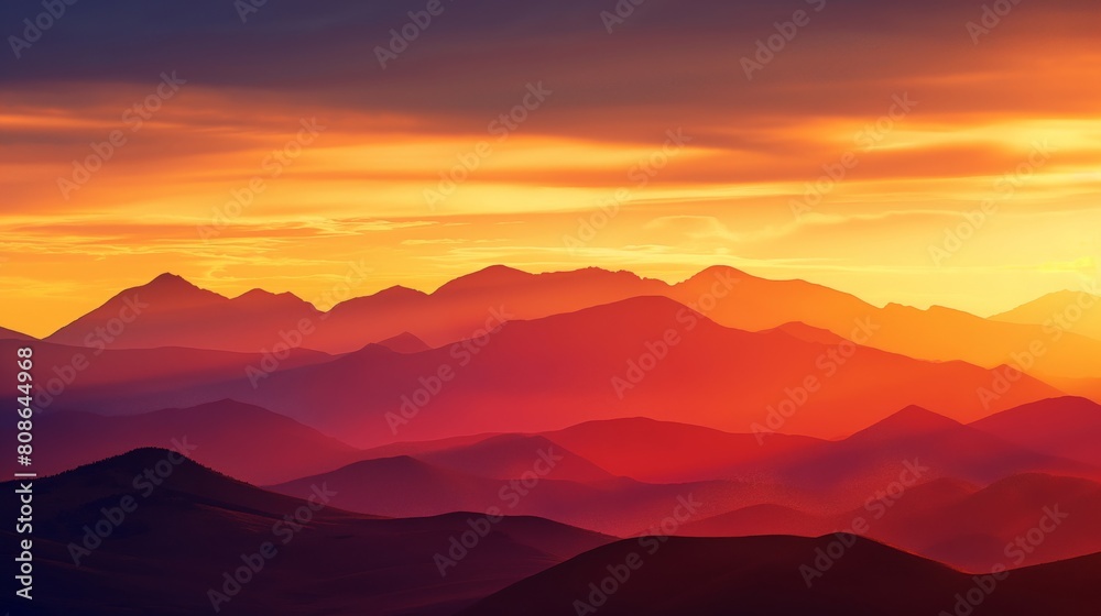 Vibrant and colorful majestic mountain sunset silhouette with abstract layers of red and orange in the sky, creating a serene and peaceful twilight landscape of nature's beauty and tranquility