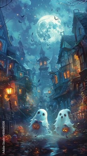 Cute little ghosts holding candy bags, floating through a moonlit, foggy street lined with old, crooked townhouses adorned with Halloween decorations © ItziesDesign