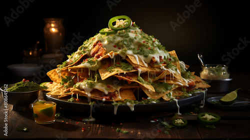 Photograph a mountain of nachos with melted cheese, jalape?+/-os, and a side of guacamole. Get close to capture the cheesy details.