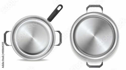 An empty stainless steel casserole with handles isolated on white background. This is a realistic mockup of an empty steel saucepan open and closed by a lid.