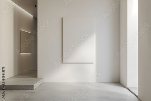 Large blank white painting on the wall in a minimalist room. Interior design visualization