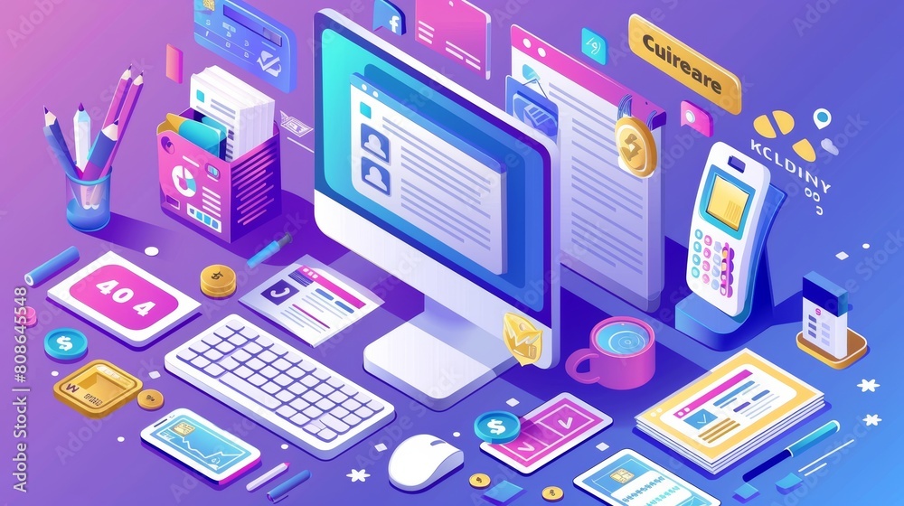 Digital payment banner with isometric icon of computer monitor with receipt, calendar, and assistant chatbot in front of online tax banner. Digital payment banner with isometric icon of computer monitor with receipt, calendar, and assistant chatbot in front of online tax banner.
