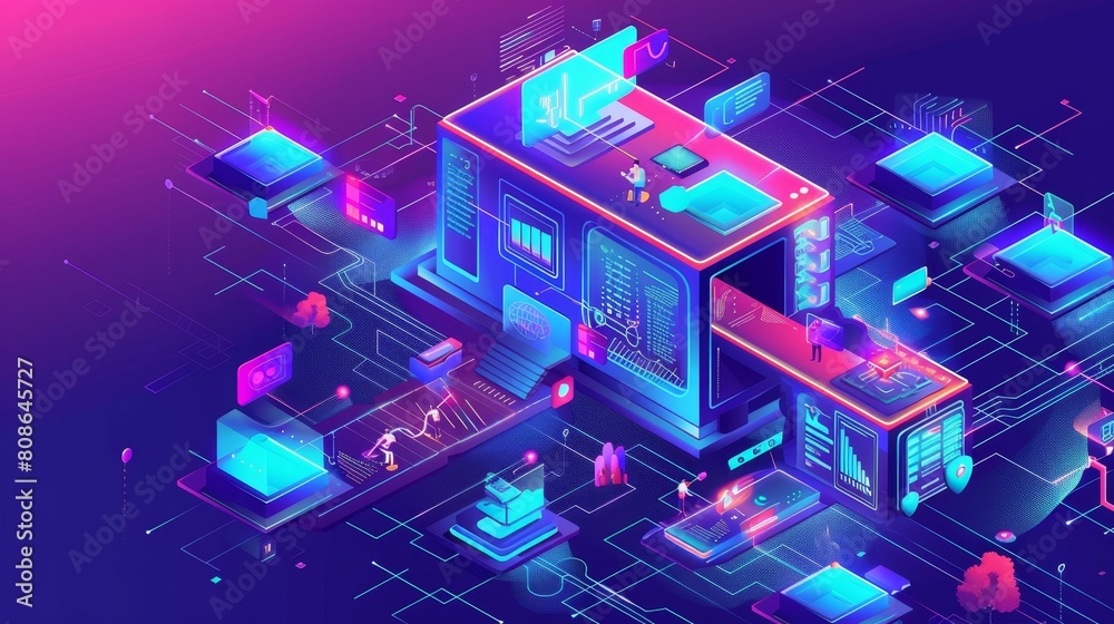 It's a futuristic neon smartcity banner with people using gadgets and distant technologies for life and work. Distributed outsourcing isometric landing page. It's a futuristic neon smartcity banner with people using gadgets and distant technologies for life and work. Distributed outsourcing isometric landing page.