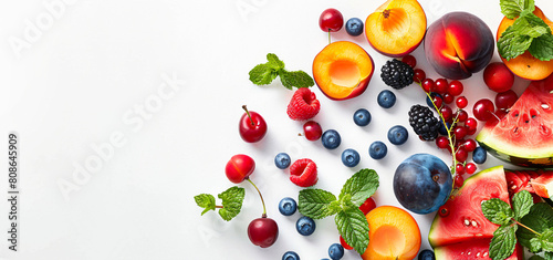 A flat lay with various fruit and berries watermelon peach mint plum apricots blueberry currant on a solid colorfull background, banner design