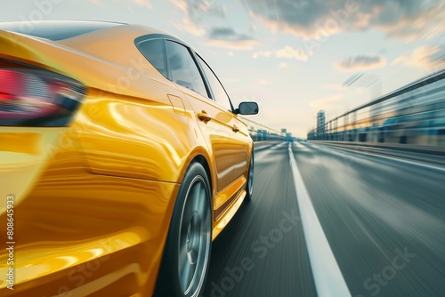 Yellow business car speeding along high-speed highway in turn, taxi rushing at high speed