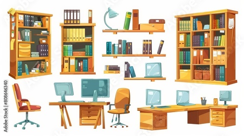 School computer classroom or open space office interior with monitor  bookshelf  projector  and screen on white background.