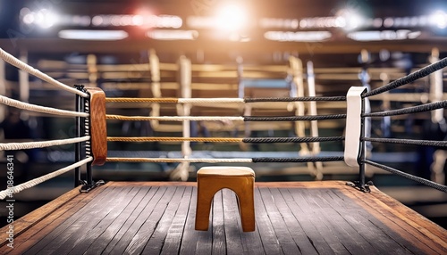 An empty stool inside the ring with no people in the gym. Place for boxing, wrestling,  photo