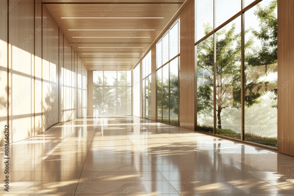 Beautiful modern spacious office hall with panoramic windows in natural beige and brown tones Beautiful modern spacious office hall with panoramic windows in natural beige and brown tones