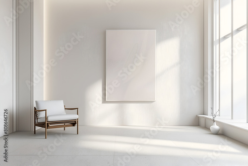 Large blank white painting on the wall in a minimalist room. Interior design visualization