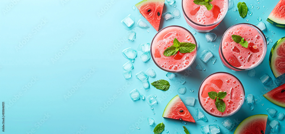 A flat lay with various fruit and berries watermelon peach mint plum apricots blueberry currant on a solid colorfull background, banner design A flat lay with various fruit and berries watermelon peach mint plum apricots blueberry currant on a solid colorfull background, banner design