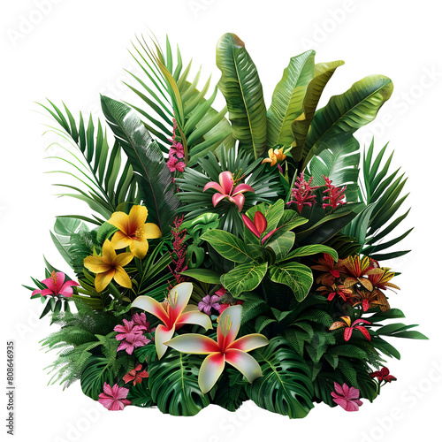 Lush Tropical Plant Cluster with Vibrant Green Leaves and Colorful Flowers in Jungle Like Setting