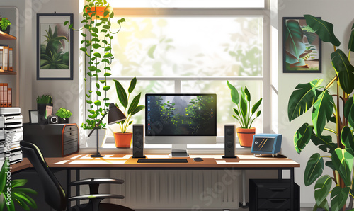 Home Office: cozy places for distance working style, boost productivity and efficiency. Work from home in comfortable virtual office. Freelancer study room, neat, clean, minimal, modern, flexible. © Euph