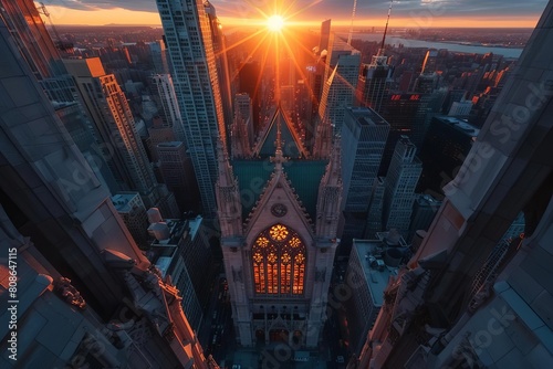 Aerial view of Midtown Manhattan at sunset with a view of St Patricks Cathedral photo