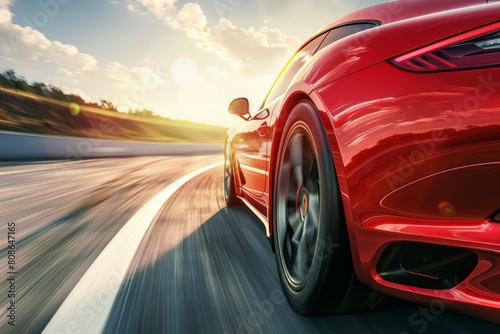 Red super car racing through breathtaking turn on high-speed highway on sunny day © Yurij
