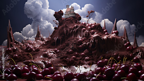 Picture a chocolate avalanche made entirely of cocoa powder and cherries. The scene should be both delicious and dramatic. photo