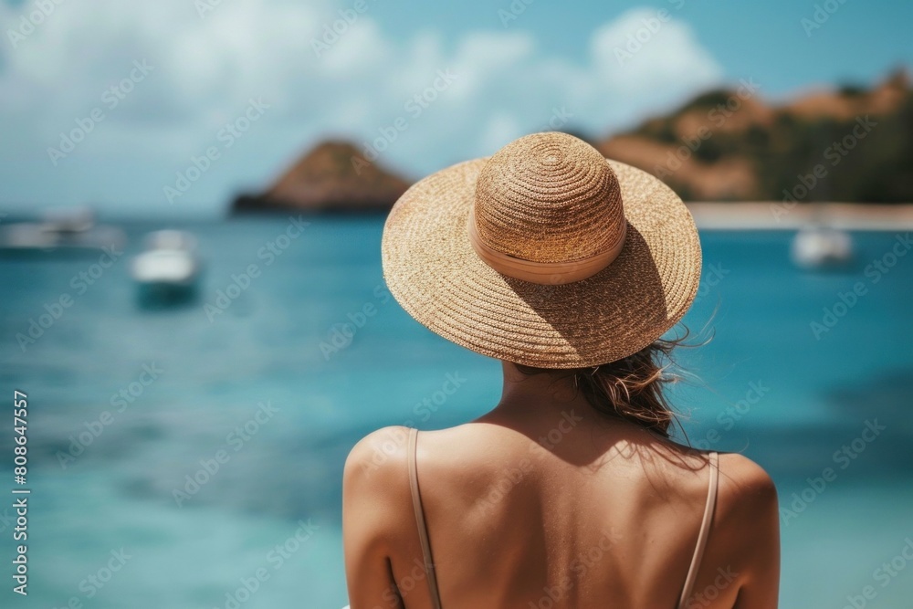 Woman in a sunhat looks out to a calm sea, embodying tranquil travel vibes