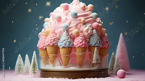 Show a snow globe filled with tiny ice cream cones instead of snowflakes. The blizzard is made of colorful bubblegum balls. photo
