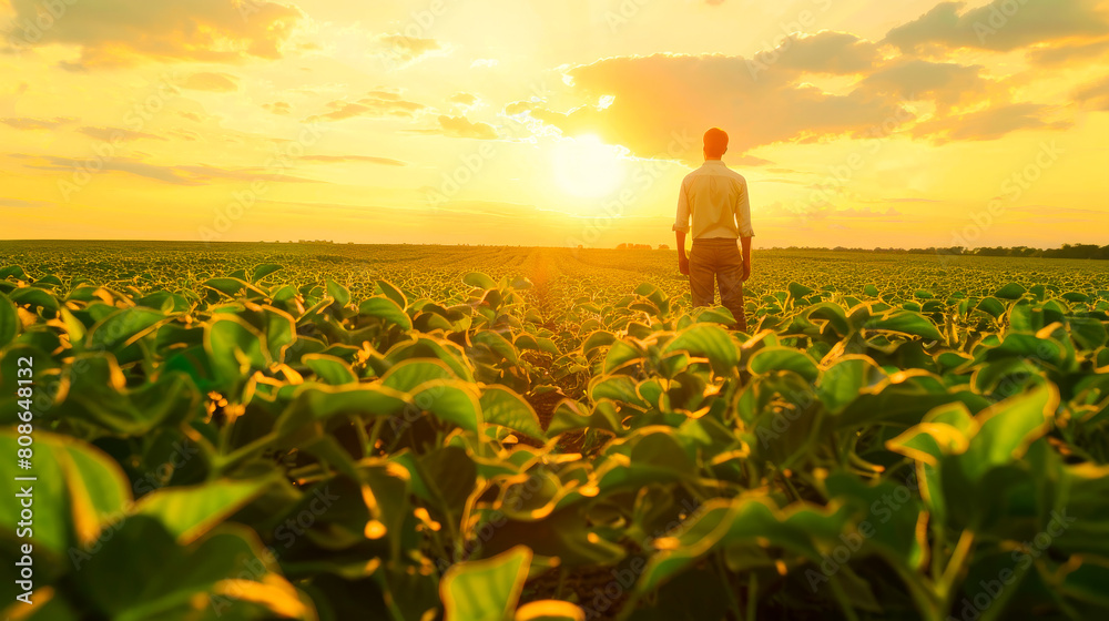 Fototapeta premium Farmer Overlooking Sunset in Lush Soybean Field 