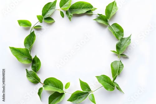 Green Leaf Wreath on Plain White Background in Top View Minimalist Nature Backdrop for Product