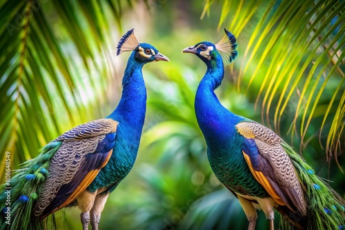 The rainforest. Two large beautiful peacocks on a blurred tropical background. Close-up.