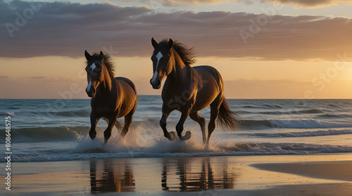 Generative ai. a group of horses running along a beach, horses in run, horses, equine photography, majestic horses, horses racing, equine photo, horse is running. Generative. Ai
