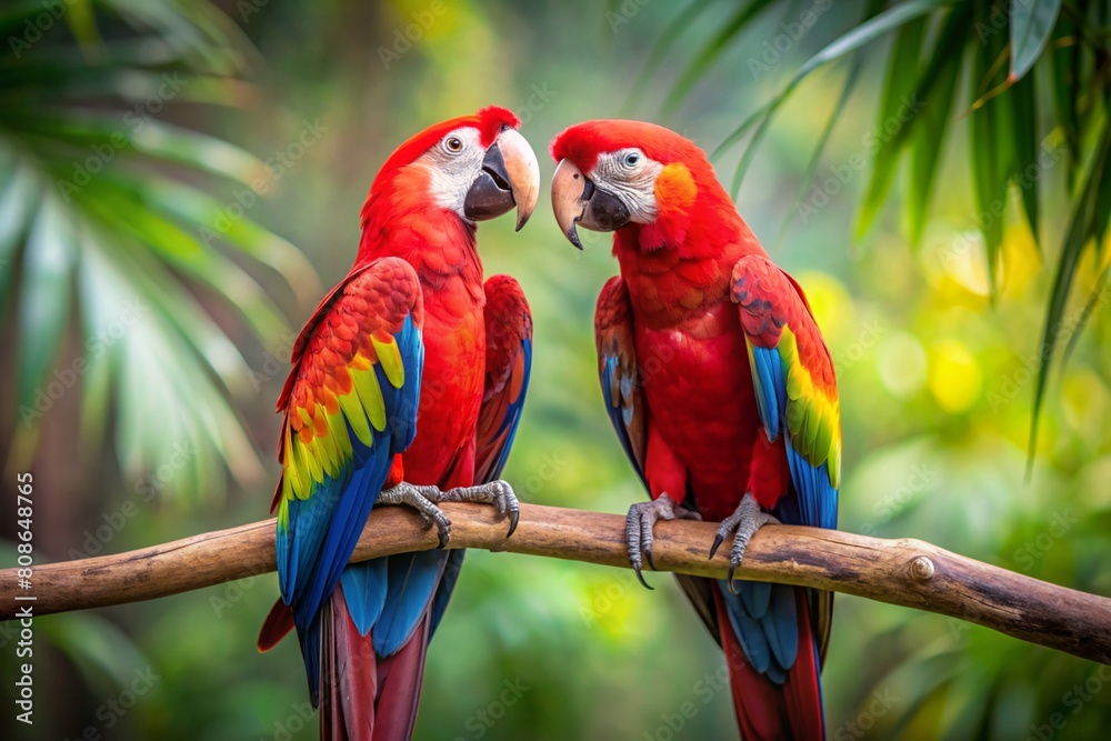 The rainforest. Two large red macaws are sitting on a branch on a blurred tropical background. The rainforest. Two large red macaws are sitting on a branch on a blurred tropical background.