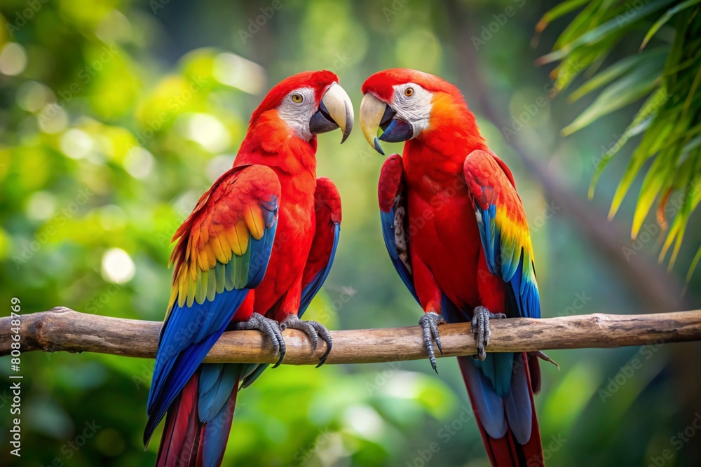 The rainforest. Two large red macaws are sitting on a branch on a blurred tropical background.