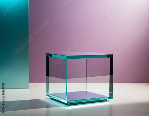 Presentation podium - glass platform on a purple background.