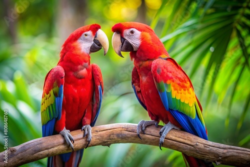 The rainforest. Two large red macaws are sitting on a branch on a blurred tropical background. © Юлия Клюева