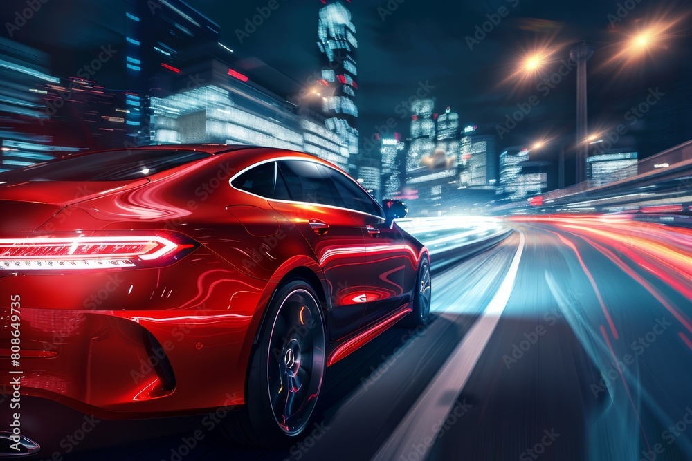Rear view of a red business car speeding through the night city on a high-speed highway