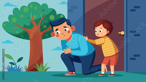 A Man Playing Hide and Seek with a Child. Perfect for:Father's Day, Children's Day, Family Day, Outdoor Events, Family Bonding, Children's Day, Outdoor Activities.