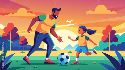 A Man Playing Soccer with a Girl. Perfect for: Family Activities, Sports Websites, Parenting Blogs, Father's Day, Family Day, Sports Day.