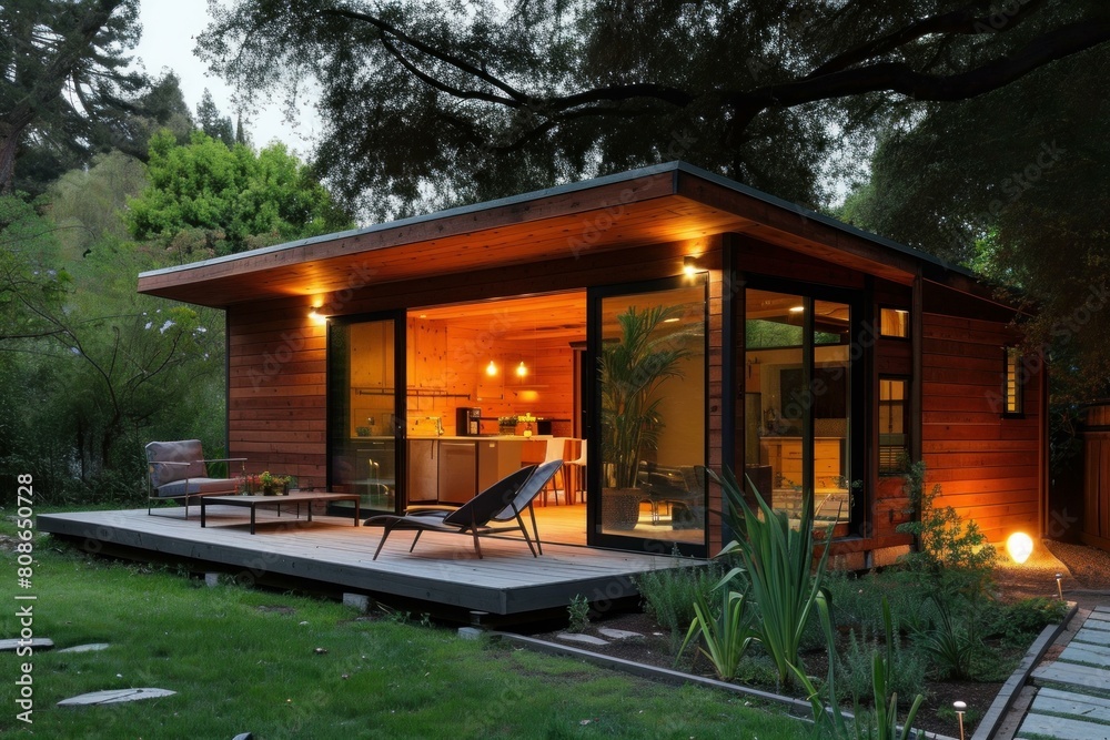 Cozy modern cabin with warm interior lights at dusk, surrounded by nature Cozy modern cabin with warm interior lights at dusk, surrounded by nature