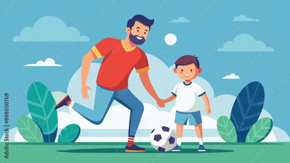 A Man Playing Soccer with a Child. Perfect for: Family Activities, Sports Websites, Parenting Blogs, Father's Day, Family Day, Sports Day. A Man Playing Soccer with a Child. Perfect for: Family Activities, Sports Websites, Parenting Blogs, Father's Day, Family Day, Sports Day.
