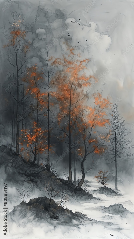 Ethereal Ghost Trees with misty foliage, perfect for mystical and spooky designs ,water color