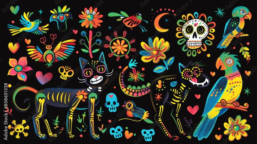Day of the Dead, mexican Day of the Dead with skeletons of cats, dogs, parrots and lizards with colorful bones, skulls, hearts and flowers. Day of the Dead, mexican Day of the Dead with skeletons of cats, dogs, parrots and lizards with colorful bones, skulls, hearts and flowers.