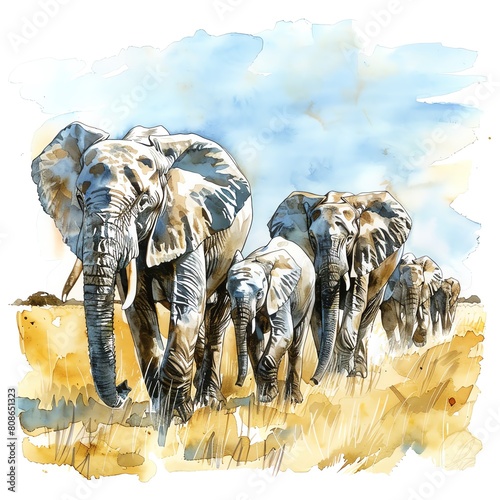 Graceful Watercolor African Animals Clipart showcasing a herd of elephants trekking across the vast plains