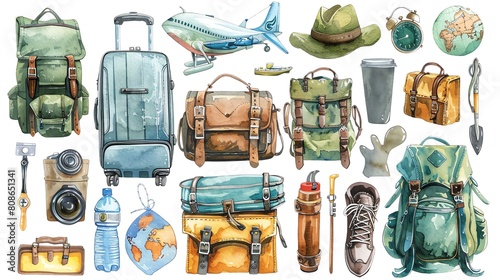 Explore Watercolor Travel Clipart showcasing suitcases, backpacks, and travel accessories for globetrotters photo