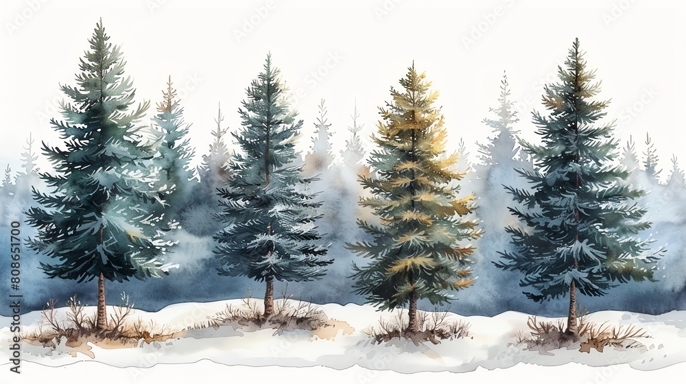 Regal Pine Trees with snow covered branches, perfect for winter wonderland scenes ,water color , clip art