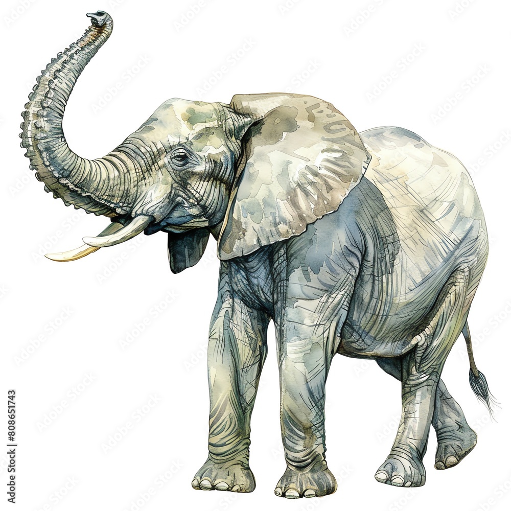 Fototapeta premium Regal Watercolor African Animals Clipart showcasing a majestic elephant with its trunk raised in the air